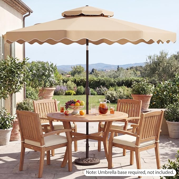 Happygrill 9 FT Patio Umbrella, Scalloped Outdoor Table Market Umbrella with Push Button Tilt & Crank, 2-Tier Vented Top, Heavy-Duty 8 Metal Ribs, Sun-Protective Canopy, Ruffle for Deck Pool Garden (Beige)
