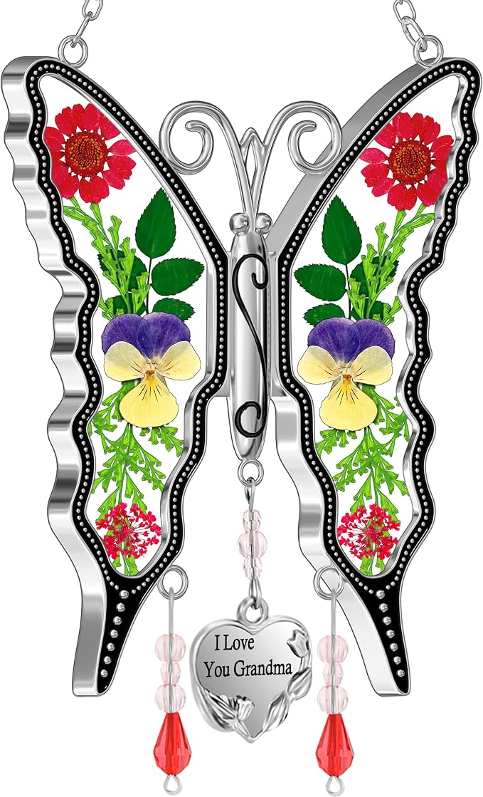 KY&BOSAM Gifts for Women I Love You Grandma Butterfly Suncatcher Stained Glass Suncatchers for Window Hanging Home Decor Garden Wind Chimes Birthday Gifts for Women Mothers Day Valentine's | I Love You Grandma Charm Sun Catchers Wind Chime Ornament,Met...