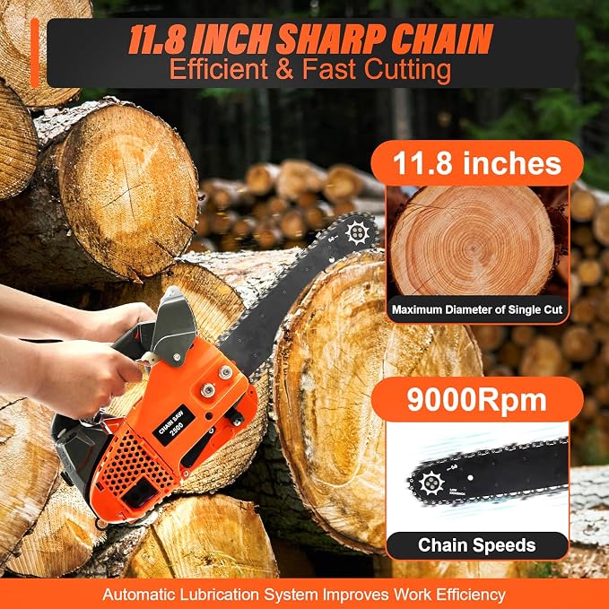 25.4CC 2-Cycle Top Handle Chainsaw Gas Chainsaws, 11.8 Inch Gas Powered Petrol Handheld Cordless Gasoline Chain Saw w/Safety Lock & Automatic Return Switch for Wood Pruning, Tree Stump Trimming