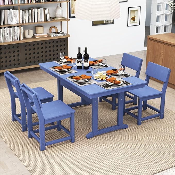 5-Piece HDPE Outdoor Patio Dining Set,Modern Plastic Dining Sets，Patio Table and Chairs Set with Umbrella Hole Cut-Out Table and 4 Chairs Navy