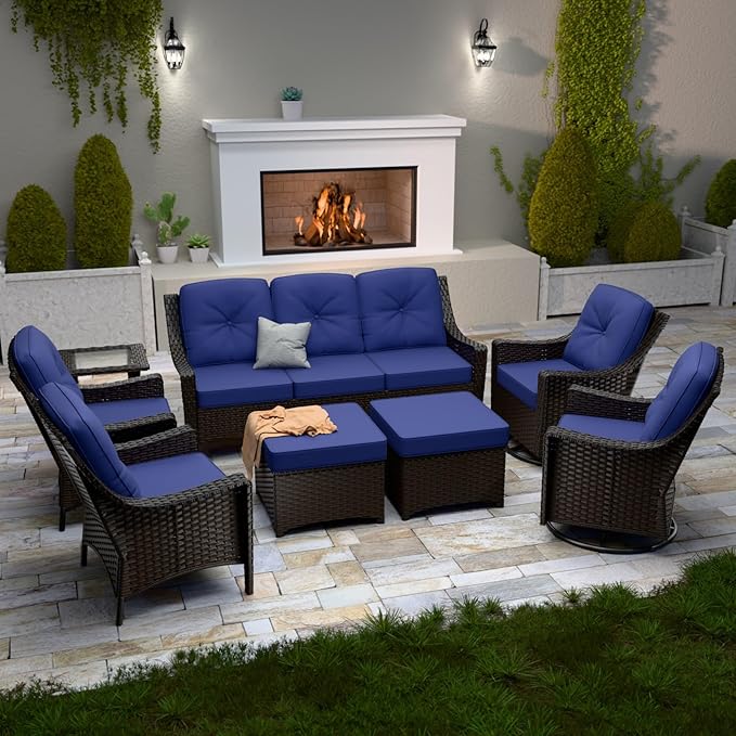 Stone Creek Outdoor Furniture Set with Swivel Rocking Chairs, Patio Chairs, 3 Seater Couch, Side Table & Ottomans, Wicker Patio Conversation Set, Balcony Furniture, 8 Piece, Brown/Blue