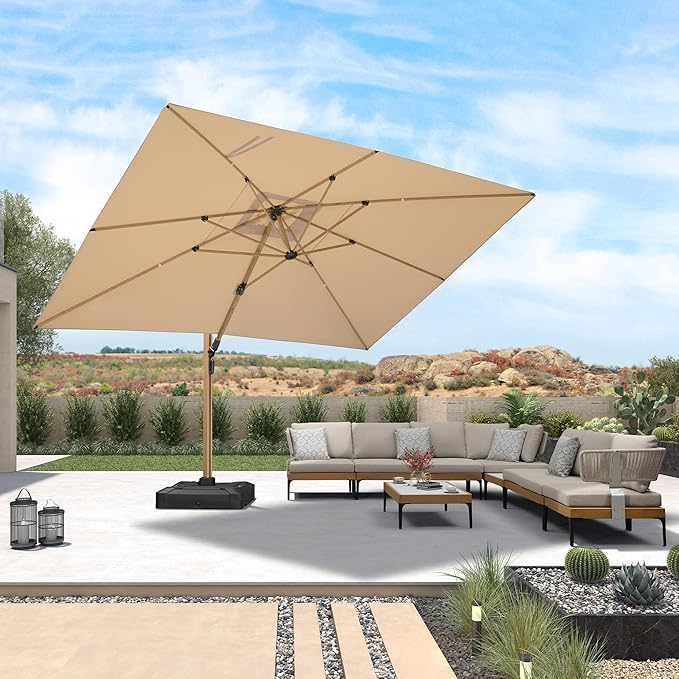 PURPLE LEAF 10‘ x 13’ Rectangle Patio Cantilever Umbrella With Base Large Hanging Umbrella Teak Finished Aluminum Frame Windproof Offset Outdoor Sun Umbrellas for Beach Pool Deck, Beige