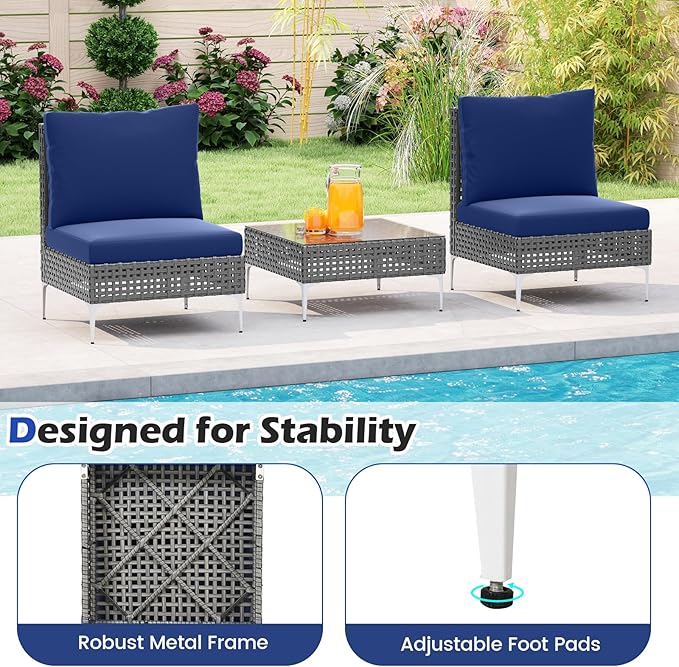 Tangkula 3 Pieces Patio Furniture Set, PE Rattan Conversation Chairs with Tempered Glass Coffee Table, Soft Back & Seat Cushions, Heavy Duty Metal Frame, Outdoor Bistro Set for Garden & Pool