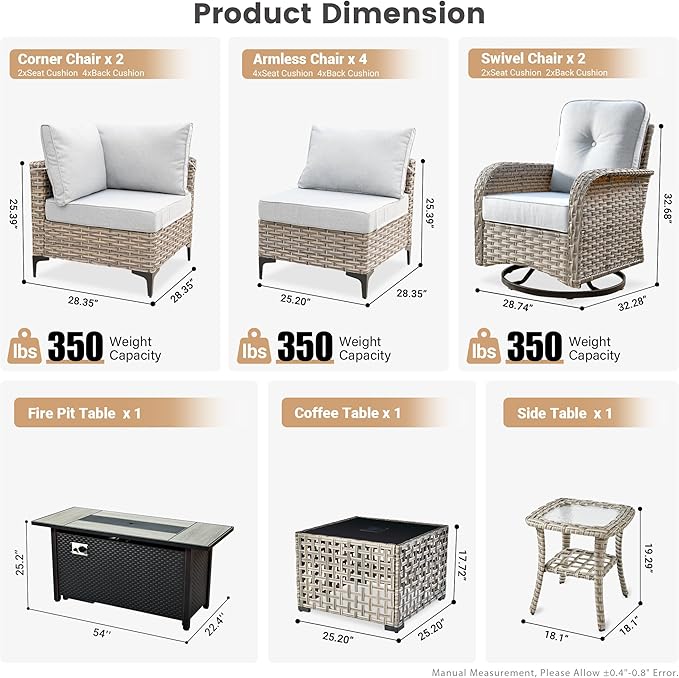 Outdoor Patio Furniture Sets,11 PCS Patio Conversation Set Outside Rattan Sectional Sofa with 54 in Fire Pit Table Wicker Rocking Chair Coffee Table Fit Backyard Porch Garden Poolside Balcony
