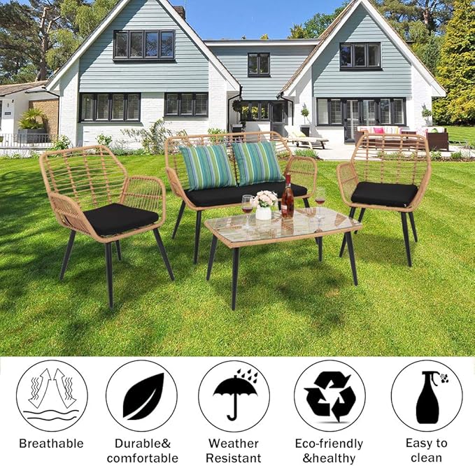 VINGLI 4 Pieces Outdoor Furniture Set Wicker, Rattan Patio Conversation Set with Cushions and Glass Coffee Table, Outdoor Sectional Sofa Set for Garden, Backyard, Poolside