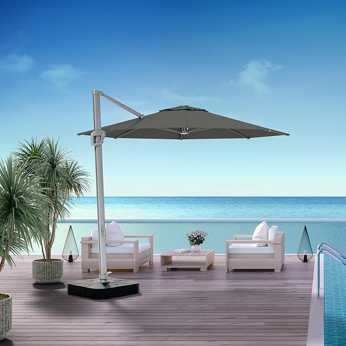 Midtown Umbrellas 10 Ft Outdoor Cantilever Patio Umbrella w/Terylast Charcoal Grey Fabric - Rotate 360° Offset Patio Umbrella, Deck Patio Umbrella, Backyard Umbrella & Garden Umbrella - Silver Frame