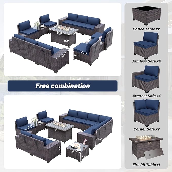 Patio Furniture Sectional Sofa Set 13PCS PE Rattan Patio Conversation Set w/43in Gas Fire Pit Table, Outdoor Furniture with 55000 BTU Propane Fire Pit, Navy Blue