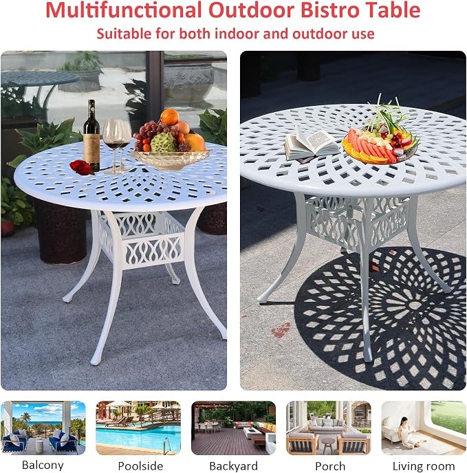 42" Outdoor Dining Table, Round Patio Tables with Umbrella Hole, Cast Aluminum Garden Table Outdoor Furniture Table (White)