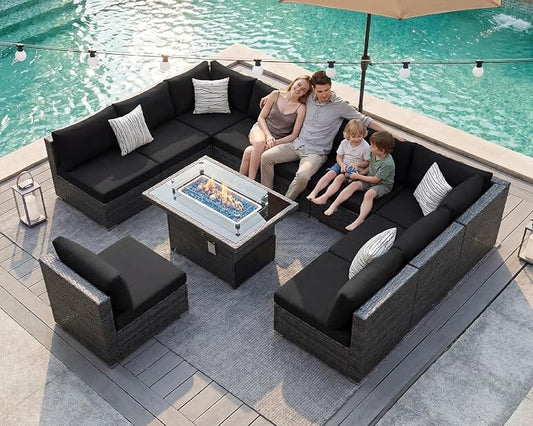 BULEXYARD 11 Piece High Back Patio Furniture Set with Fire Pit Table, Large Comfy Deep Wide Seat Outdoor Sectional Sofa, All-Weather Wicker Modular Conversation Couch 10-Seats for Deck, Grey & Black