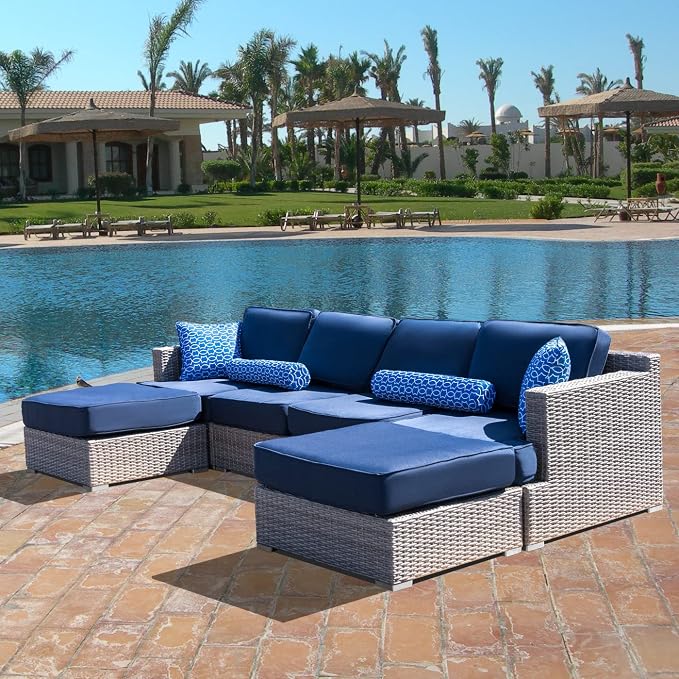 Vanity Art High-Density Polyethylene (HDPE) Wicker 6 Piece Outdoor Furniture Conversation Sofa Set | Patio Couch with Cushion, and Back Rest Pillow for Balcony Backyard, Garden, Fully Assembled