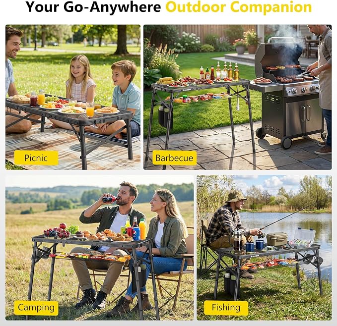 Raynesys Tri-fold Camping Table, 35.43"x15.75", Aluminum Frame Folding Tables, 3 Heights Adjustable Grill Table with Storage Bag, Portable Handle for Picnic Cooking BBQ Camping Outdoor, Black