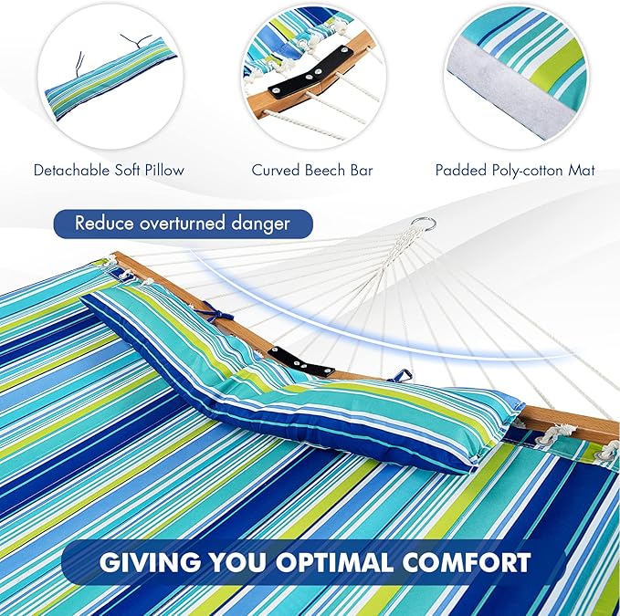 Goplus 10.5 FT Hammock, Quilted 2 Person Hammock w/Detachable Pillow, 330LBS Capacity, Curved Hardwood Spreader Bar,Quick Dry Fabric, Portable Paddled Hammock Swing for Patio Yard Porch Indoor Outdoor