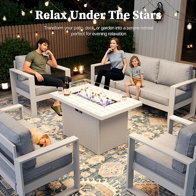 4 Piece Modern Aluminum Patio Furniture Set with Fire Pit Table, Outdoor Patio Sectional Conversation Metal Seating Sets with Olefin Cushion