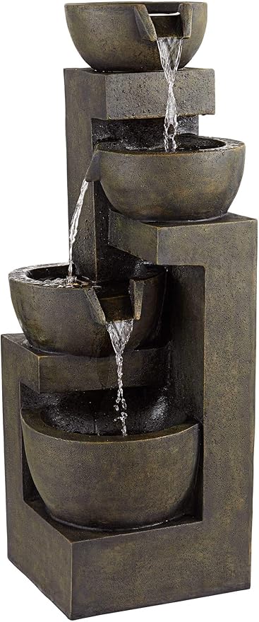 Four Bowl 42" High Large Modern Indoor Outdoor Decor Gray Faux Stone Floor Fountain with Light LED Waterfall Cascading Standing Water Feature for Outside Garden Patio Yard Backyard - John Timberland