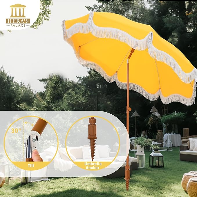 HERA'S PALACE 7ft Heavy Duty Beach Umbrella with Sand Anchor, Fringe Umbrella for Sand, UV 50+, Patio Umbrella with Tilt Pole for Garden Pool Backyard