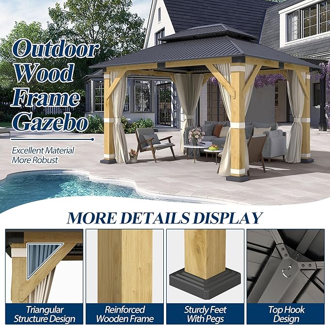 COVERONICS 10FT x 12FT Outdoor Wood Gazebo - Galvanized Steel Hardtop Gazebo with Heavy-Duty Double Roof, Patio Wooden Gazebo for Garden with Netting & Curtains, Poolside, Deck, Backyard