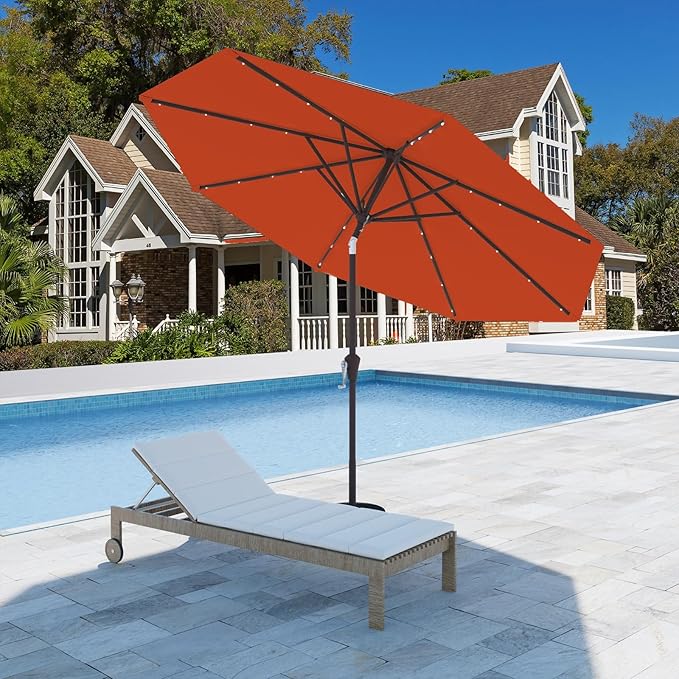 9FT Patio Umbrella with Solar Lights,Outdoor Market Umbrella with Tilt and Crank, LED Lighted Table Umbrella for Garden,Deck,Backyard,Pool,Beach (Orange)