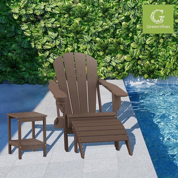 GREENVINES Adirondack-Outdoor-Side-Table | Wood Grain | 14 x 13 Inches | HDPE Plastic | All Weather | Dark Brown | Outside End Tables | Storage Shelf | for Patio Porch