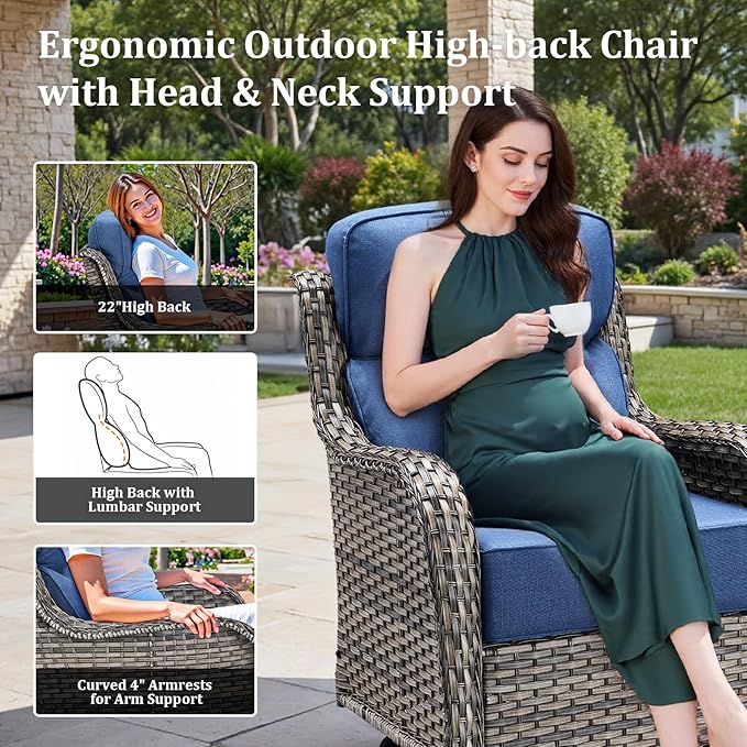 Luxury High Back Patio Furniture Set with 6-Inch Thick Cushions, 7-Pieces Outdoor Furniture with Swivel Chairs, Wicker Conversation Set for Porch, Balcony, Deck and Yard, Grey/Blue