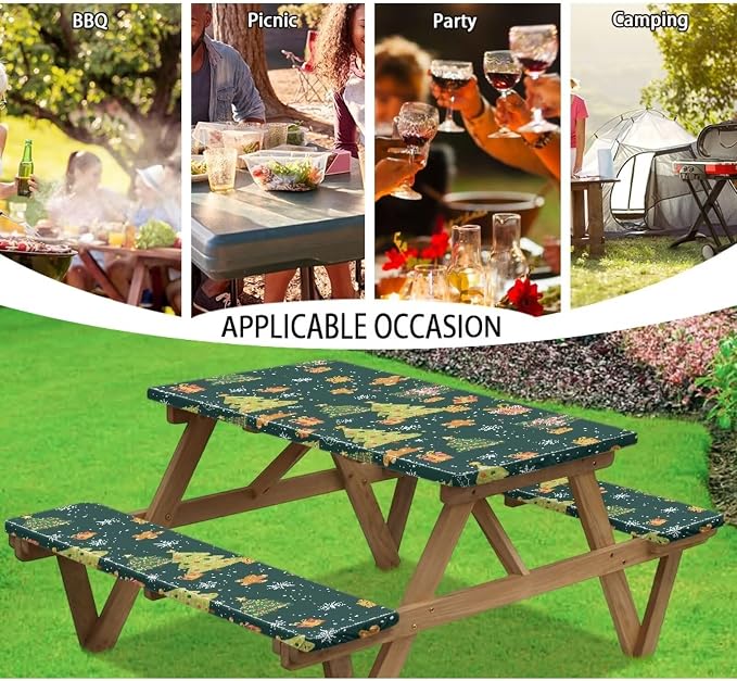 Christmas Picnic Table Cover with Bench Covers Autumn Outdoor Camping Tablecloth Water and Oil Repellent Elastic Waterproof Picnic Table Cover 3 Piece Set for 6 Foot Tables
