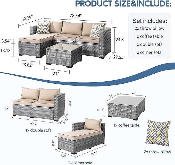 3 Pcs Patio Furniture Set,Outdoor Sectional Sofa with Washable Khaki Cushions,Silver Wicker Outdoor Conversation Set with Glass Table,All-Weather Patio Rattan Sofa Couch for Poolside,Garden,Backyard