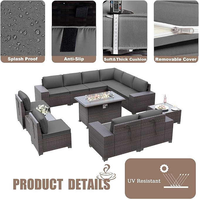 Patio Furniture Sectional Sofa Set 13PCS PE Rattan Patio Conversation Set w/43in Gas Fire Pit Table, Outdoor Furniture with 55000 BTU Propane Fire Pit, Grey