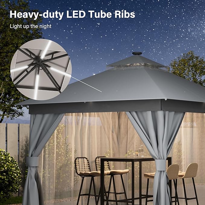 LAUSAINT HOME Patio Gazebo 10'x10' with Solar LED Roof Lights, Outdoor Heavy Duty Party Tent Shelter with Double Roofs, Mosquito Netting & Privacy Curtains for Backyard, Garden, Lawn, Gray