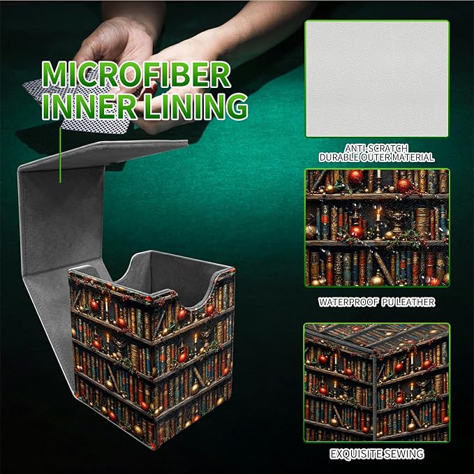 Red Library Books Card Deck Box for MTG, Personalized Card Storage Case Fits 120+ Sleeved Cards, Premium Leather TCG Box with Strong Magnetic Closure for Magic, CCG, PTCG, Baseball Cards