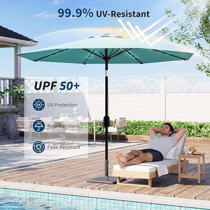 Garvee 9/10 FT Solar Patio Umbrella with 32 LED Lights - Outdoor Table Umbrella with Crank Lift, Push Button Tilt and 8 Sturdy Ribs - Market Umbrella UV Protection for Pool, Deck, Yard, Garden