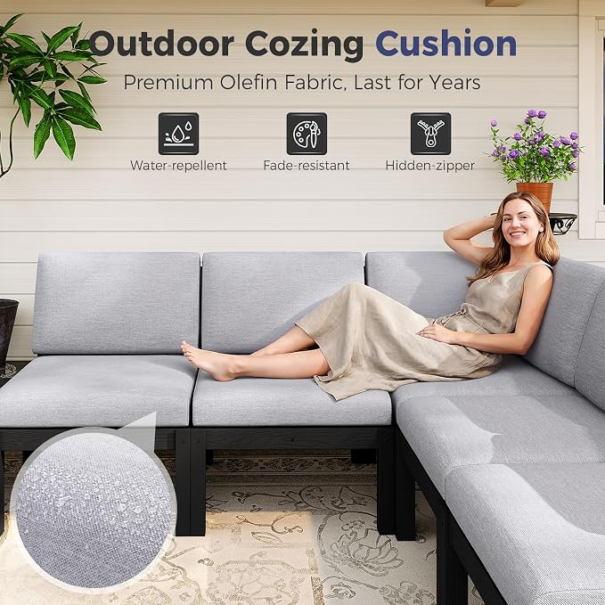 Outdoor Patio Chairs Set of 2, HIPS Modular Sectional Seatings & Thick Cushions– Side Interlock Easy to Connect, Weatherproof Patio Furniture Set for Backyard, Deck, Poolside (Black)