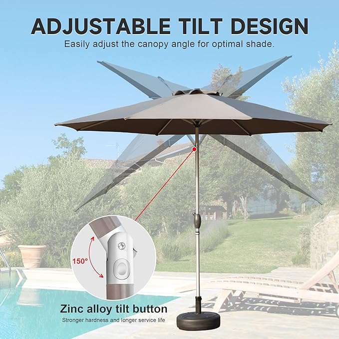 Domi 9FT Patio Umbrella Outdoor Market Umbrella with Silver Aluminum Pole, UV Resistant Canopy, Wind Vent, Tilt & Crank System, Perfect for Patio, Garden, Deck, Pool, Outdoor Dining, Gray