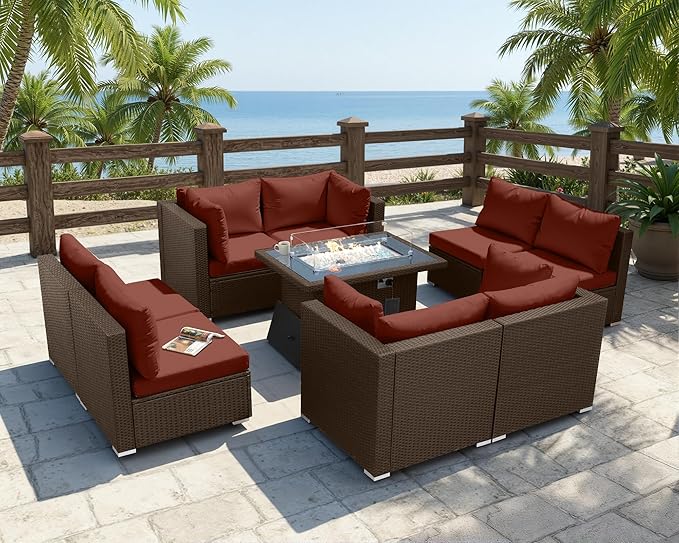 BULEXYARD 9 Pcs High Back Outdoor Sectional Set with Firepit Table, Modern Luxury Patio Furniture Seating Set, Oversized Wide Deep Modular 8-Seater Couch Sofa for Backyard, Brown Wicker & Red Cushion