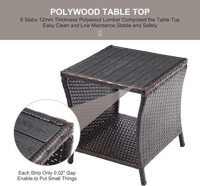 Outdoor Patio Side Table Set of 2 Small Brown Wicker Rattan End Table for Outside Storage Coffee Table with Poly Lumber Table Top for Garden Lawn Pool Porch Deck