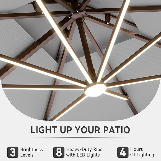 9 X 12 FT Cantilever Outdoor Patio Umbrella with Base Included Large Heavy Duty 360° Rotation Double Top Offset Rectangular Umbrellas with LED Lights for Backyard Outside Deck, Fog Grey