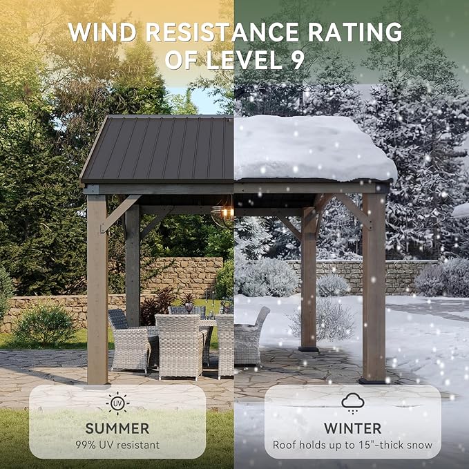 Aoxun 10' x 12' Outdoor Wood Gazebo with 20" Ceiling Fan with Light, Hardtop Gazebo Permanent Wooden Pavilion with Galvanized Steel Gable Roof, for Patio, Garden, Backyard, Cedar Wood