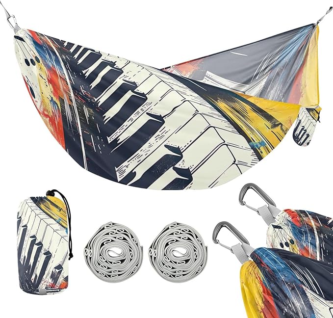 FRMG Watercolor Piano Camping Hammock 500 lbs Capacity Portable Hammocks with Tree Straps & Attached Carry Bag, Camping Essentials Gear A0900439a