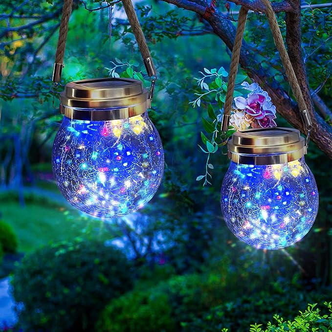 Hang Outdoor Solar Lights Waterproof, 30LED Cracked Glass Ball Decorative Lanterns, Solar Powered Landscape with Handle for Tree Yard Patio Fence House Holiday Decor, Birthday Gift for Women