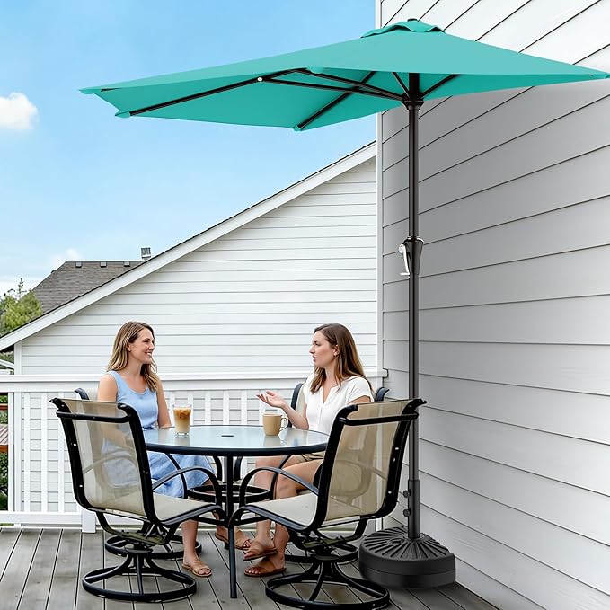 AreShark 9FT Half Patio Umbrella, Outdoor Wall Umbrella with Crank & 5 Sturdy Ribs,Table 1/2 Umbrella Patio for Garden, Deck, Balcony and Pool, Teal Blue