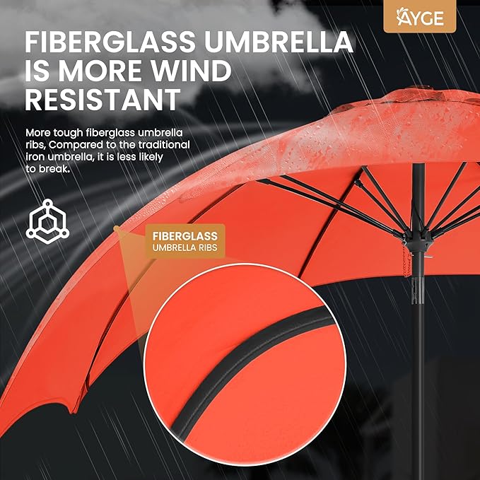 Ayge 7.5FT Large Outdoor Patio Umbrella Market Table Umbrella-UV Resistant, Easy Push Button Tilt and Crank, 6 Sturdy Fiberglass Ribs Heavy-Duty Pool Umbrella for Deck, Backyard,Garden, Yard,Orange