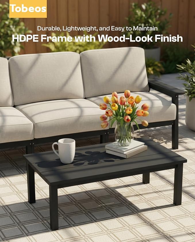 HDPE 5 Piece Patio Furniture Set, Outdoor Couch with Washable Thick Beige Cushions & Coffee Table, Outdoor Sectional Furniture for Backyard, Deck, Lawn, Porch (Black Frame)