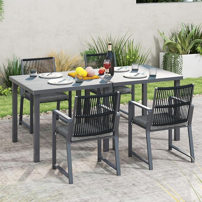 6 Pieces Metal Outdoor Dinning Set Featuring 2 Tables and 4 Ratten Chairs Waterproof and Rust-Proof Courtyard Style Table Garden Balcony Poolside, Dark Gray 6 Pcs