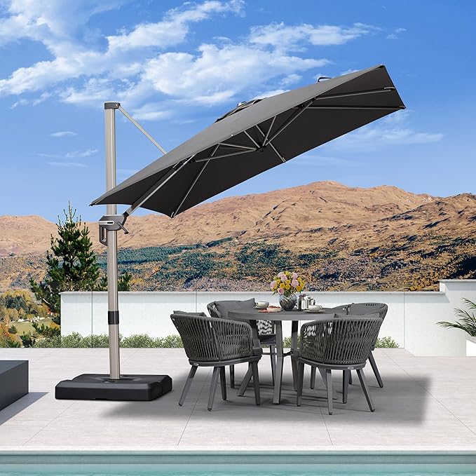 PURPLE LEAF 8’ X 8‘ Patio Umbrella Outdoor Cantilever Umbrella, Aluminum Offset Umbrella with Champagne Frame and 360° Rotation for Pool Deck Garden, Grey