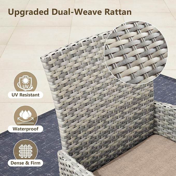 Outdoor Dining Set, 10-Piece Patio Furniture Set with Tempered Glass Table and 8 Cushioned Chairs, Dual-Strand Wicker Rattan, Balcony Furniture for Backyard, Garden, Deck,– Beige