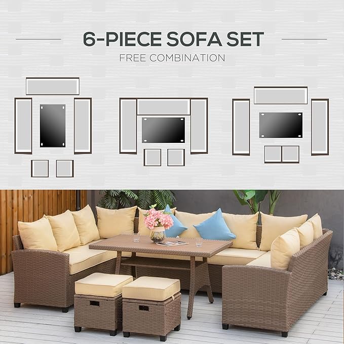 Outsunny 6 Piece Patio Furniture Set, PE Wicker Outdoor Furniture Conversation Set with 3 Sofas, 2 Ottomans and Slatted WPC Top Dining Table, All Weather Sectional Sofa Couch with Pillows, Khaki