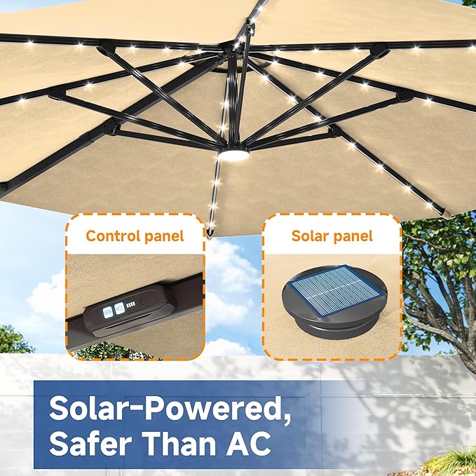 FLAME&SHADE 11ft Cantilever Patio Umbrella with Base, Round Offset Umbrella with Solar Light Strips, Large Heavy Duty Outdoor Aluminum 360° Rotation,for Deck,Pool,Backyard