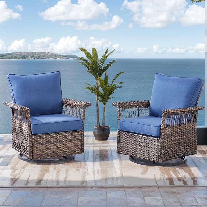 Outdoor Patio Rocking Swivel Chairs - 2PC Wicker Patio Furniture Rocker Chair Set,Rattan Glider Chair with Sturdy Frame,All-Weather PE Wicker and Cushions for Deck Porch Balcony(Brown/Blue)