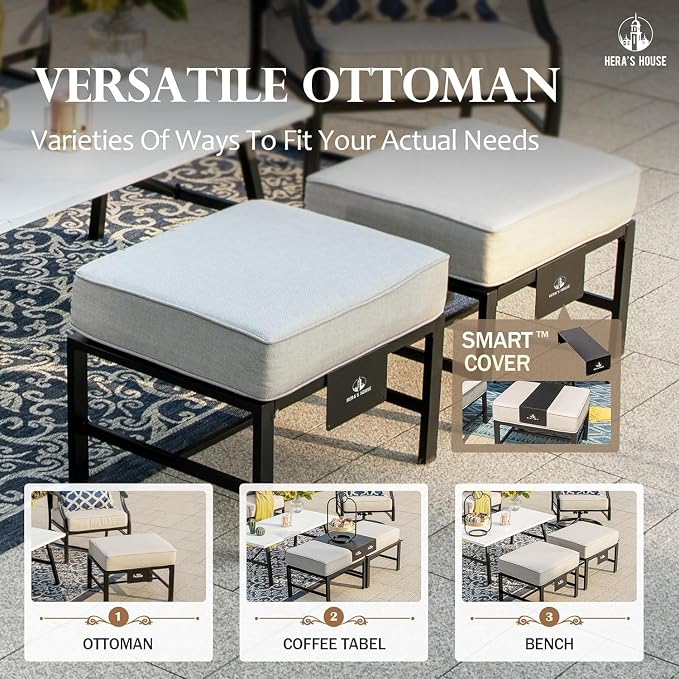 HERA'S HOUSE Patio Furniture Set, 2 x Rocking Cushioned Chair, 2 x Cushioned Ottoman, 1 x 3-Seat Sofa with Marbling Coffee Table, 6 Piece Outdoor Conversation Set for Backyard Lawn Garden