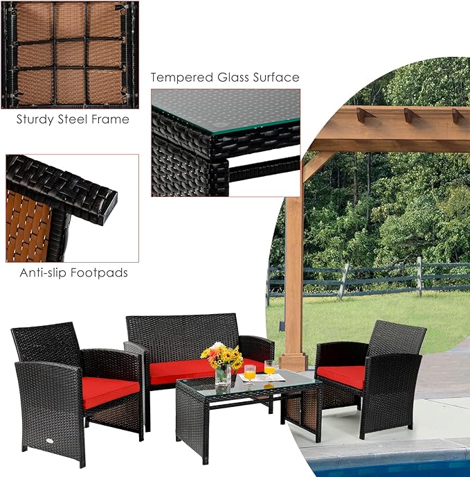 COSTWAY 4 Piece Patio Furniture Set, Outdoor PE Rattan Wicker Sectional Sofa with Cushion and Coffee Table, Patio Conversation Sets for Balcony Lawn Porch Patio Backyard Garden Poolside, Red