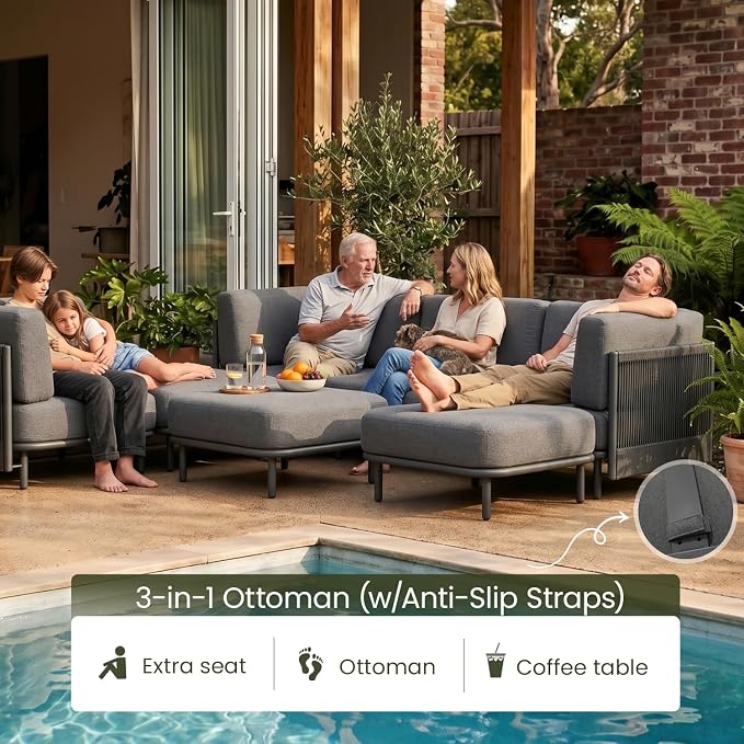 LayinSun 11 Pieces Patio Furniture Set with Fire Pit Table, Modern Outdoor Modular Sectional Conversation Set L-Shaped Sofa with 7-inch Cushion for Garden Backyard Deck