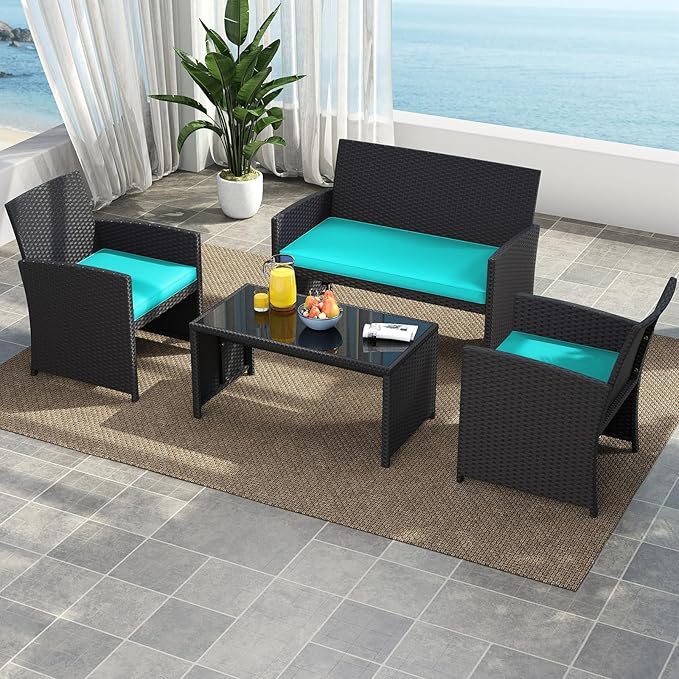 Tangkula 4 Pieces Patio Wicker Furniture Set, Outdoor Heavy Duty Rattan Cushioned Chairs, Loveseat and Tempered Glass Coffee Table, for Backyard, Balcony, Poolside (Turquoised,1)